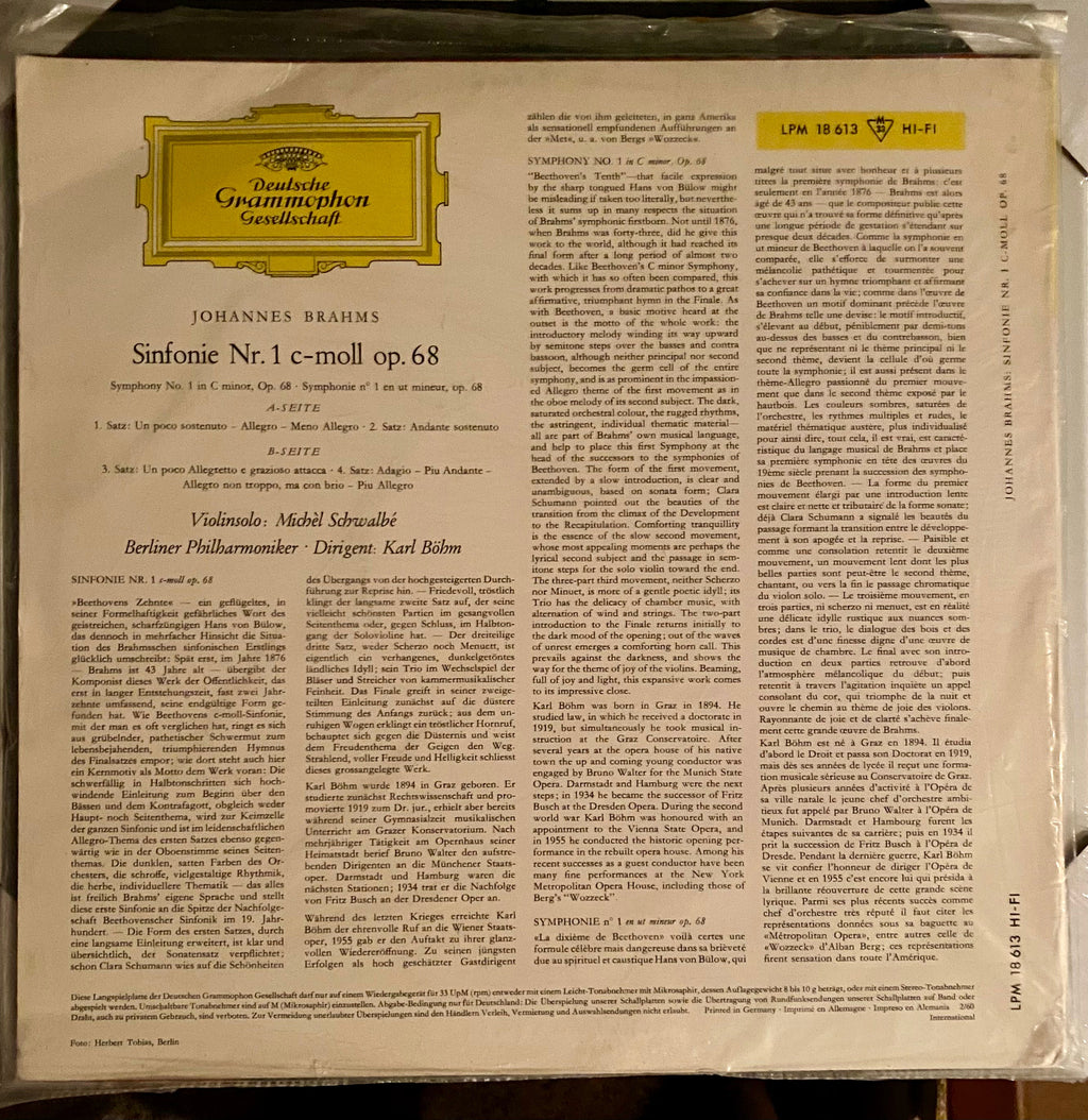 Johannes Brahms, Karl Böhm Conducting Berliner Philharmoniker - Symphony No. 1 In C Minor, Op. 68 [Promo] [NOS]  (New Vinyl LP)